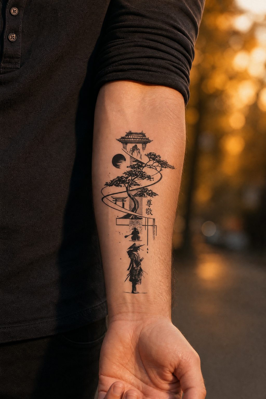 Tatuaj semipermanent Bushido, simbol de tip războinic, aplicat pe antebraț