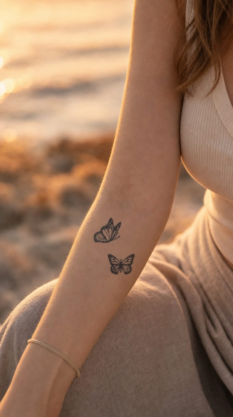 Tatuaj temporar Double Envol: doi fluturi stilizați în nuanțe de albastru marin, aplicați pe piele