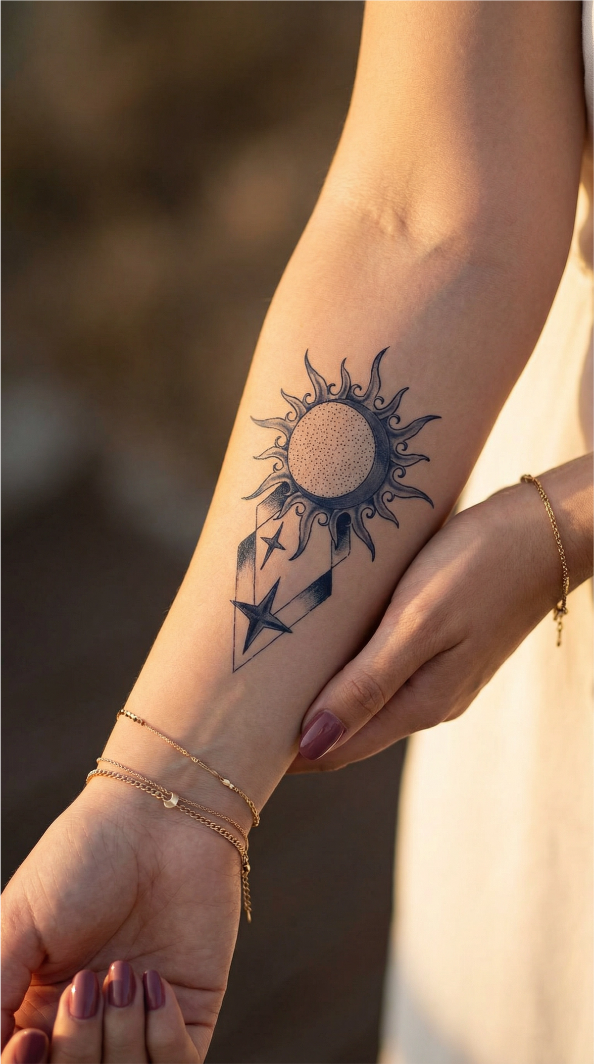 Tatuaj cu soare în linie fină și stea geometrică în centru, aplicat pe piele