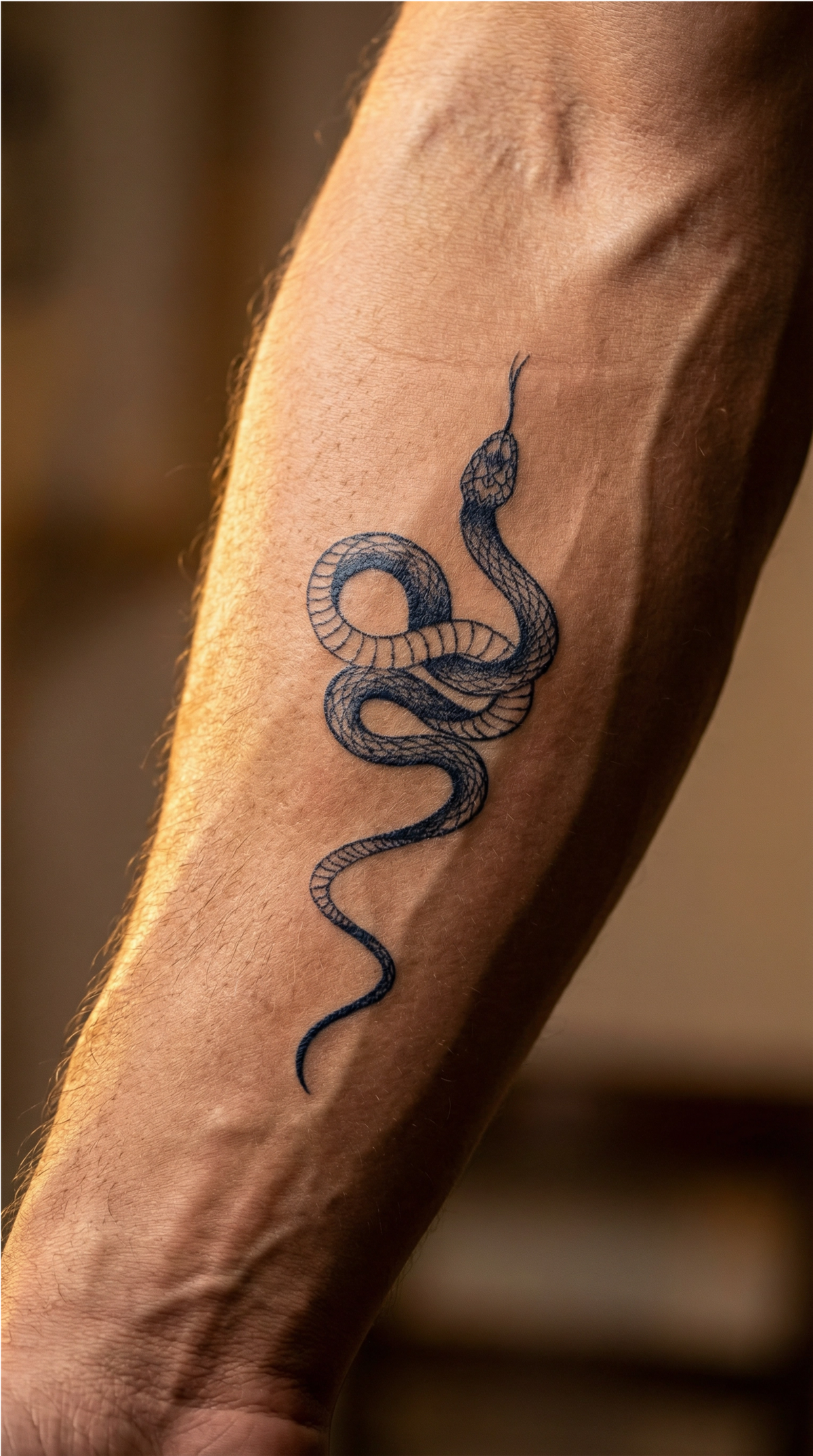 Tatuaj temporar cu un șarpe grațios, desenat în linie fină, cu corpul încolăcit