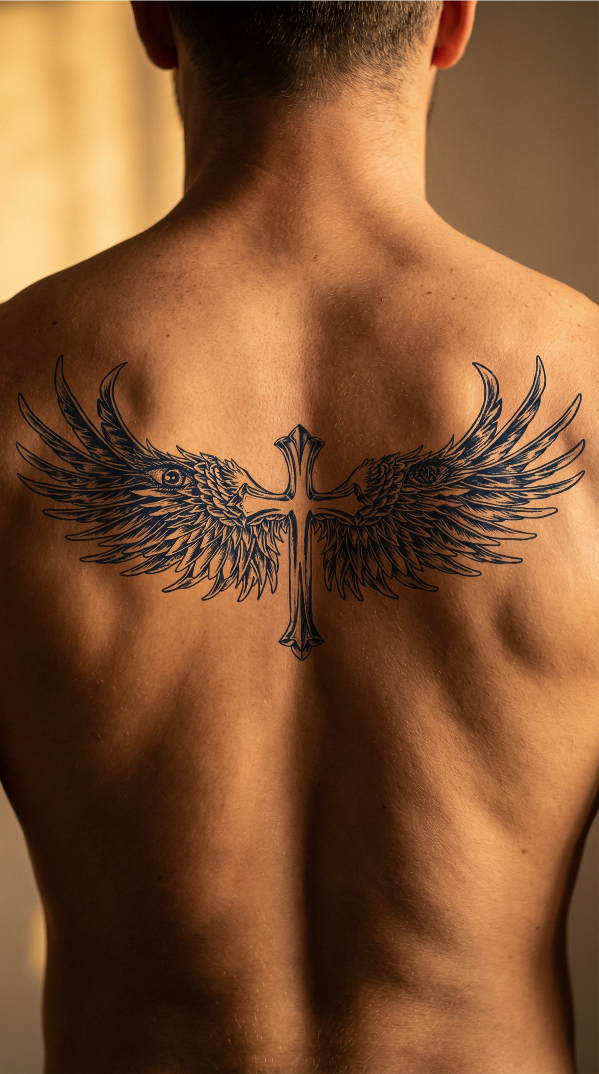 Modelul Credinta, cu ochi central și aripi simetrice, aplicat pe omoplat